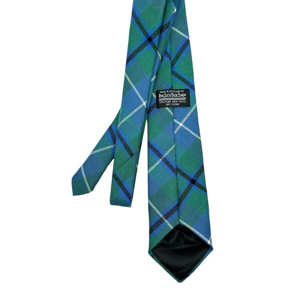 Ingles Buchan Vintage Scotland 100% Pure Wool Kelly Green Blue Tartan Plaid Tie - Picture 3 of 6